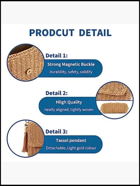 Straw Braided Crossbody Bag Boho Chic Summer Beach Handbag Adjustable Strap - Picture 5 of 6